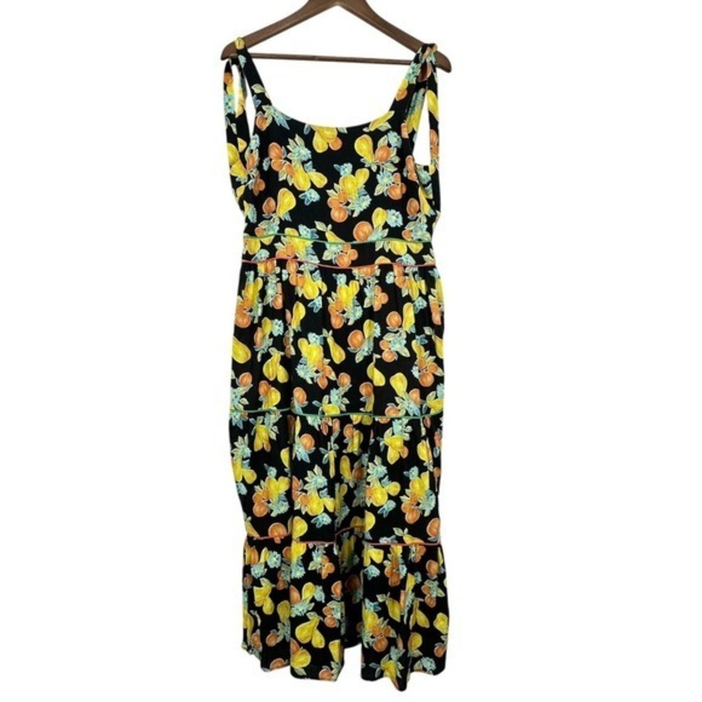 Adelyn Rae Black Fruit Floral Print Tiered Midi Dress Tie Shoulder Smocked NWT‎